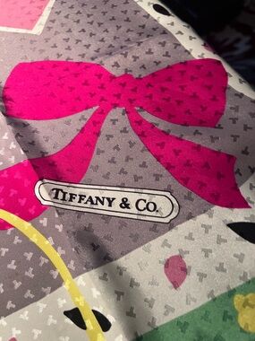 Tiffany & Co. Pink Gray Green Yellow Print Silk Scarf 34” x 34”. Signed.